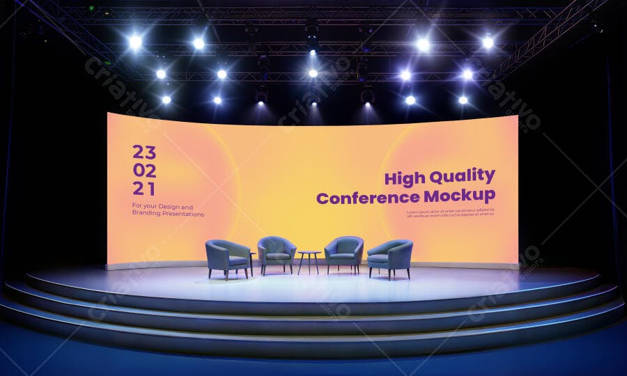 Mockup de Palco de Conferência Moderno com Telão Laranja e Poltronas Azuis