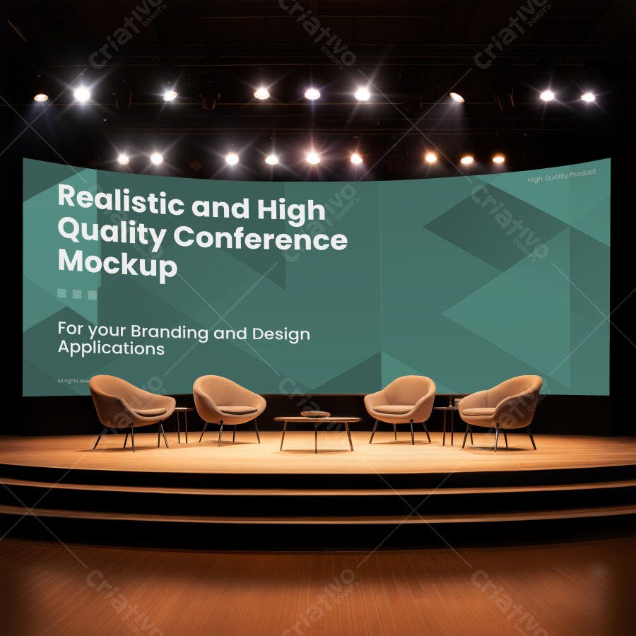 Mockup de Palco de Conferência Moderno com Tela Curva e Cadeiras Bege