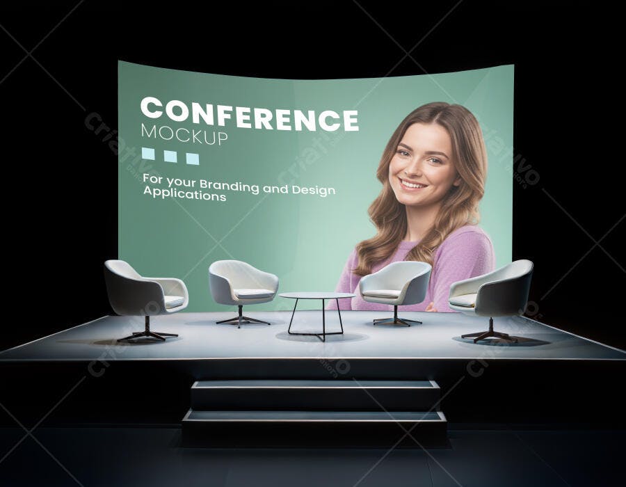 Mockup Cenário de Conferência Moderno com Palco e Poltronas para Eventos