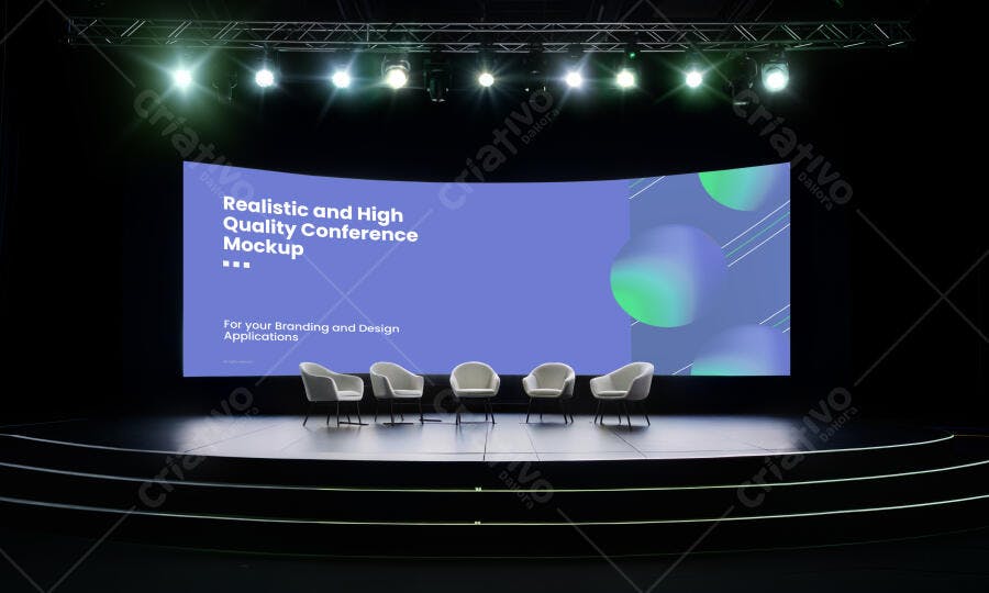 Mockup Realista de Palco Profissional para Conferência com Telão Curvo e Cadeiras Modernas