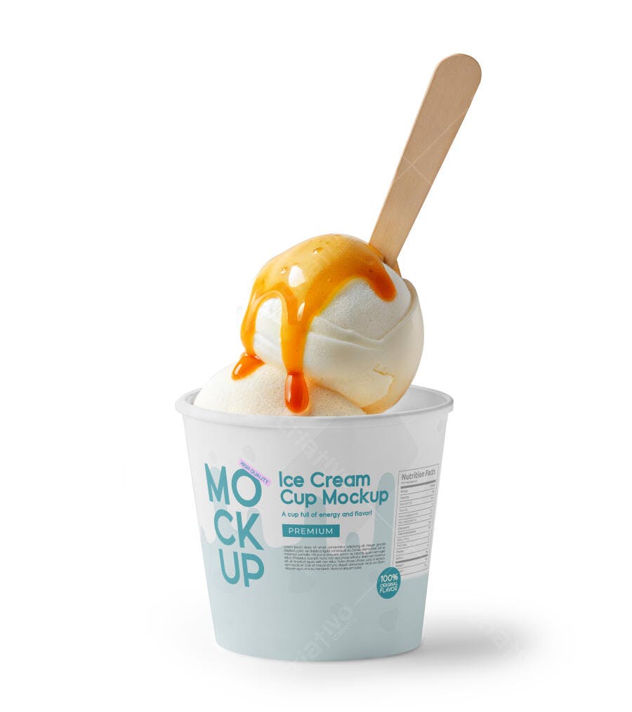 Mockup Realista de Copo de Sorvete com Calda Caramelo e Colher de Madeira