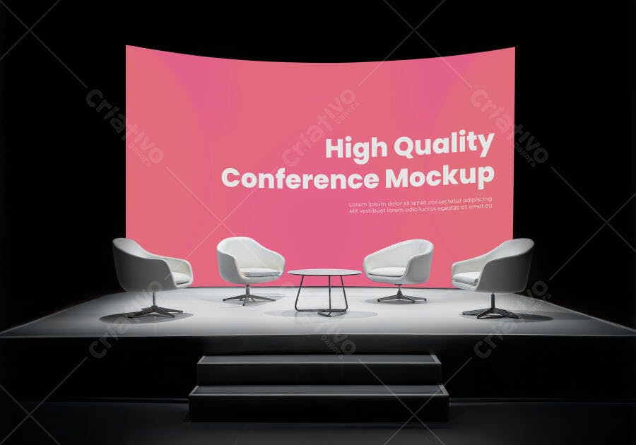 Mockup Realista de Palco para Conferência com Backdrop Rosa e Poltronas Modernas