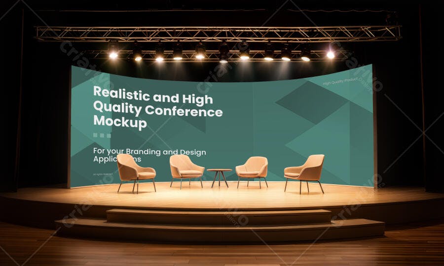 Mockup de Cenário de Conferência Realista com Tela Curva e Cadeiras Modernas