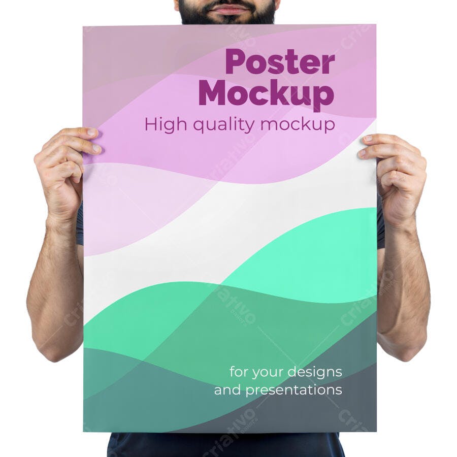 Mockup Pôster Vertical Realista Segurado por Homem Barbudo em Fundo Branco