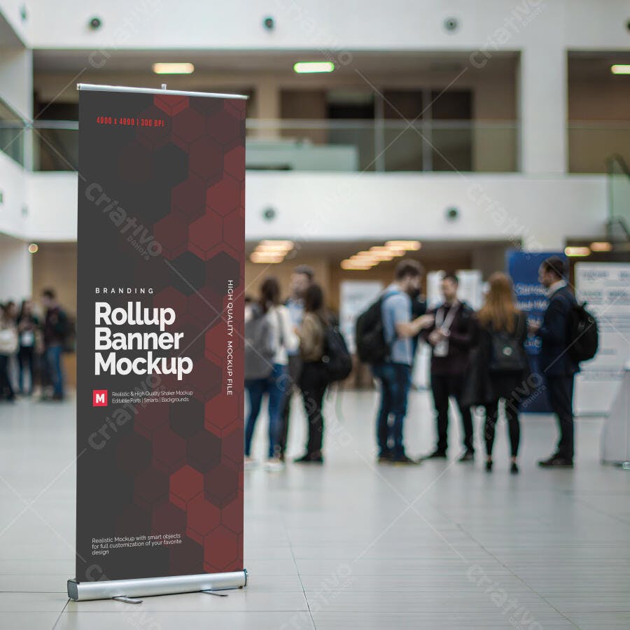 Mockup de Rollup Banner Moderno para Evento Corporativo com Pessoas