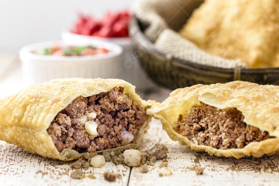 Pastel de carne dourado crocante cortado ao meio em mesa rústica