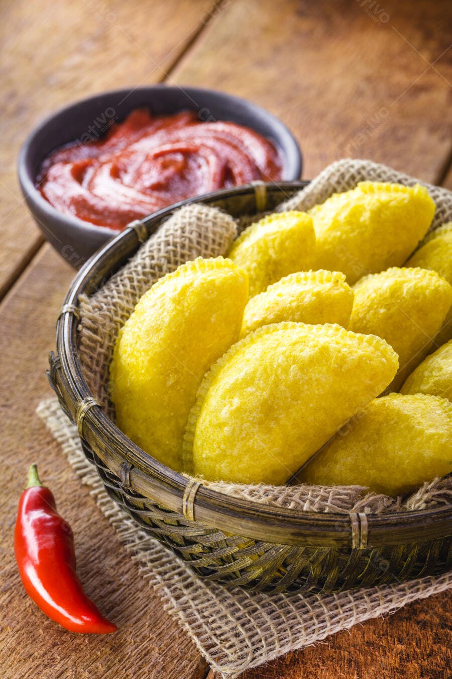 Pastéis fritos crocantes em cesta rústica com molho e pimenta vermelha