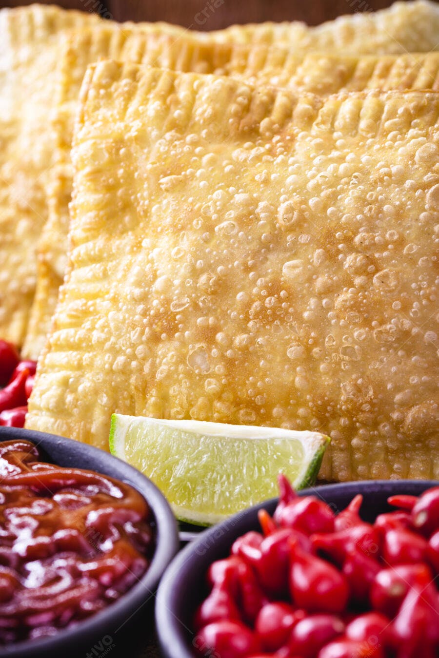 Pastéis fritos crocantes com pimenta biquinho, limão e molho vermelho