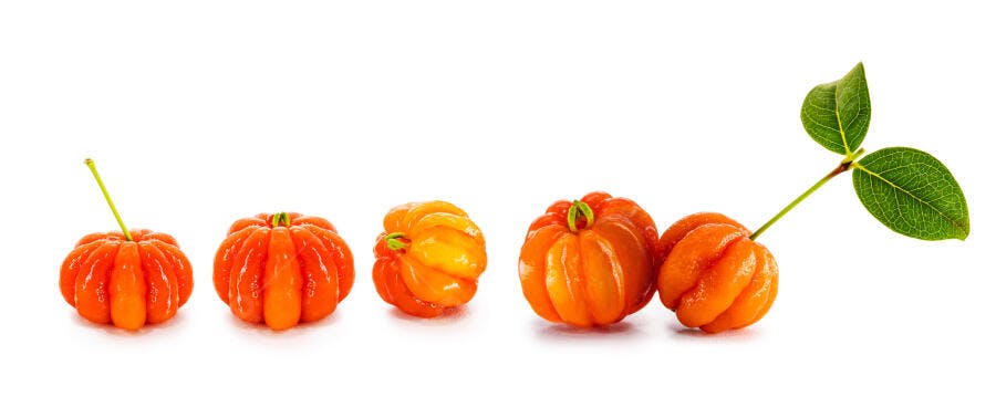 Frutas acerola maduras laranja e amarelas com folhas verdes em fundo branco