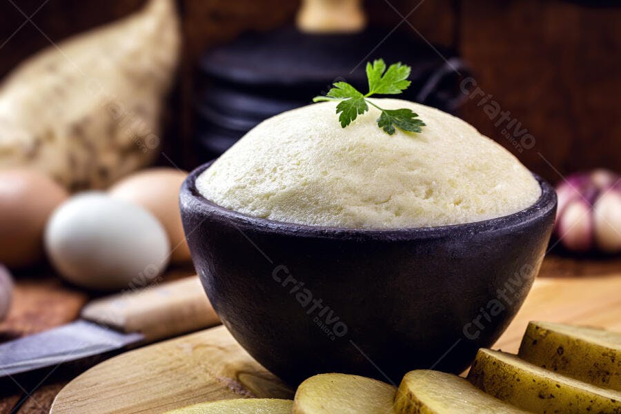 Purê de batata cremoso em tigela rústica com salsa e ingredientes frescos