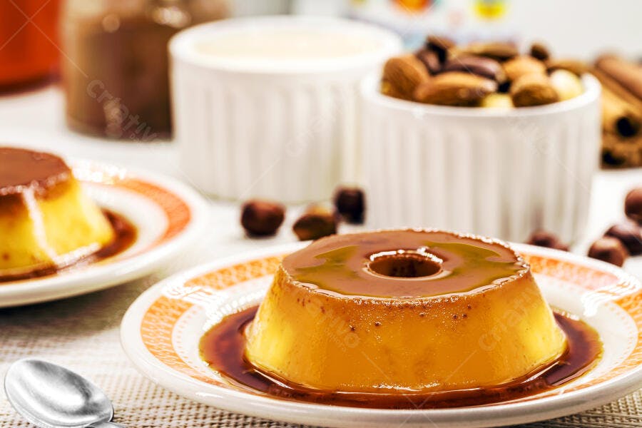 Pudim de leite com calda de caramelo nozes e canela em mesa rústica