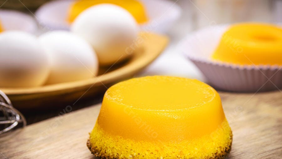 Quindim tradicional amarelo vibrante em mesa de madeira com ovos