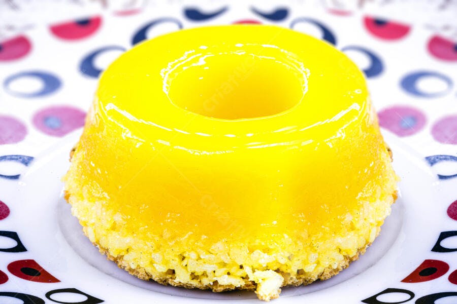 Pudim amarelo brilhante em prato branco sobre toalha colorida