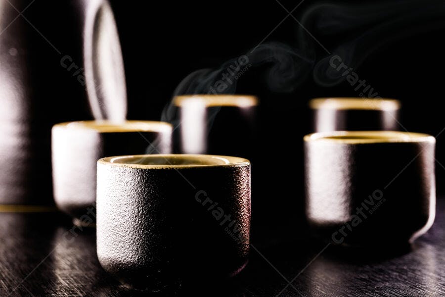 Xícaras de saquê cerâmica japonesa com vapor quente em fundo escuro