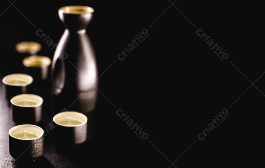 Conjunto de saquê japonês tradicional escuro em fundo preto com copos ochoko