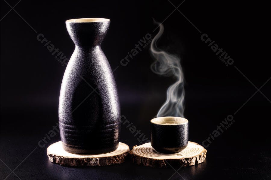 Saquê quente em garrafa e copo de cerâmica preta com vapor