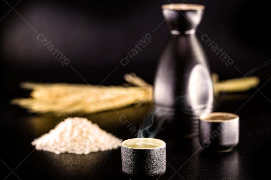 Saquê quente em copos pretos com arroz e talos dourados bebida japonesa tradicional