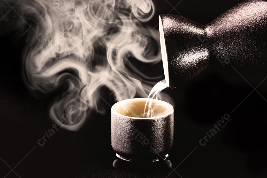 Saquê japonês quente sendo servido em copo cerâmico escuro com vapor intenso