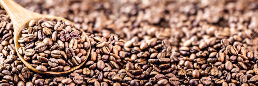 Grãos de café torrados em colher de pau e espalhados em Close-up rústico