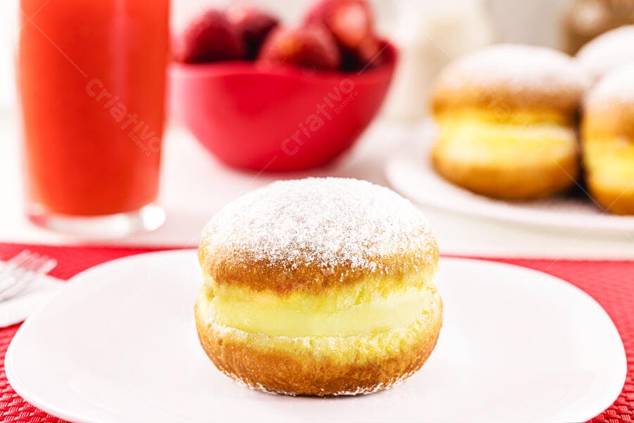 Doce sonho brasileiro recheado com creme e açúcar em mesa de café