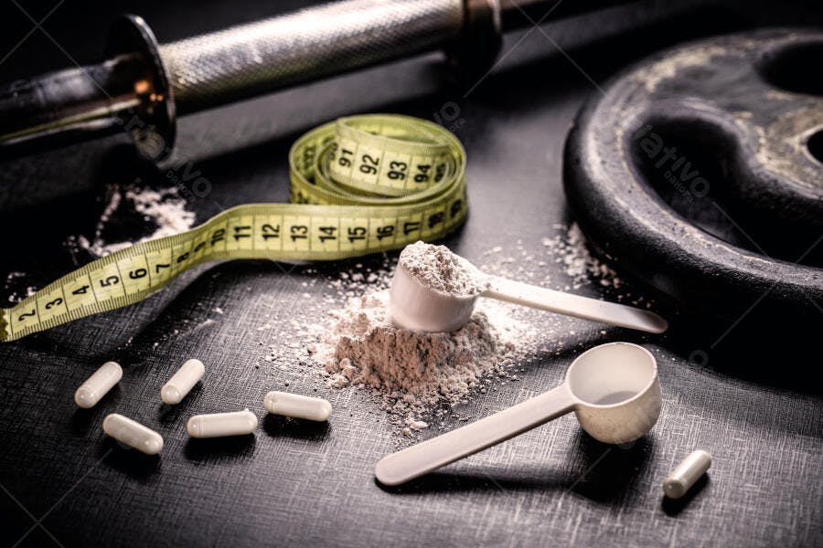 Suplementos de academia proteína em pó cápsulas fita métrica e pesos