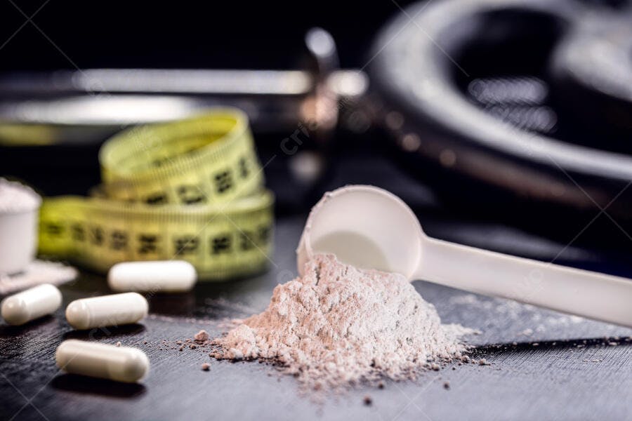 Suplementos em pó e cápsulas brancas para fitness com fita métrica amarela