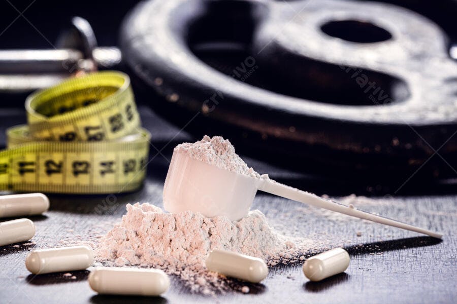 Pó de proteína branco cápsulas fita métrica amarela e peso de academia em fundo escuro