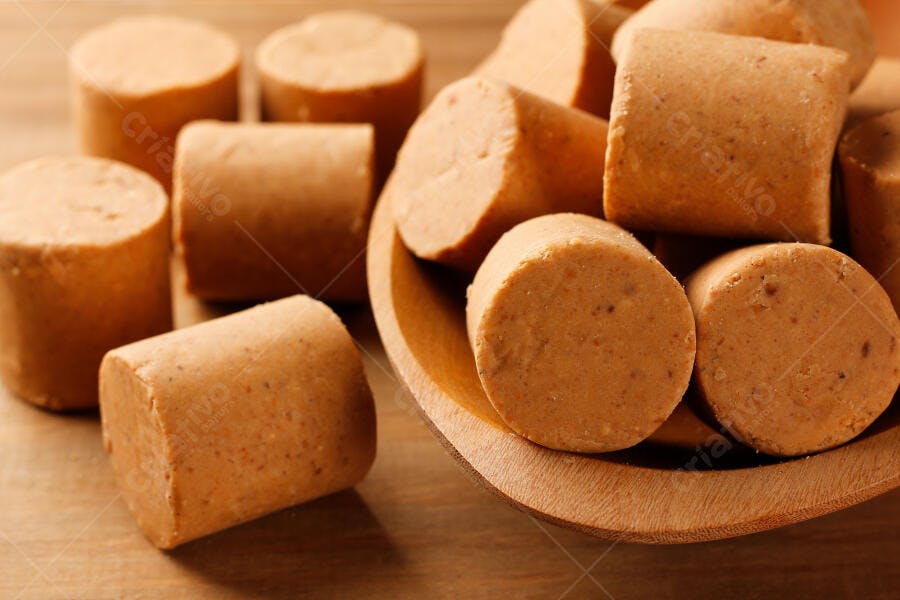 Paçoca doce de amendoim artesanal em formato cilíndrico e quadrado na madeira