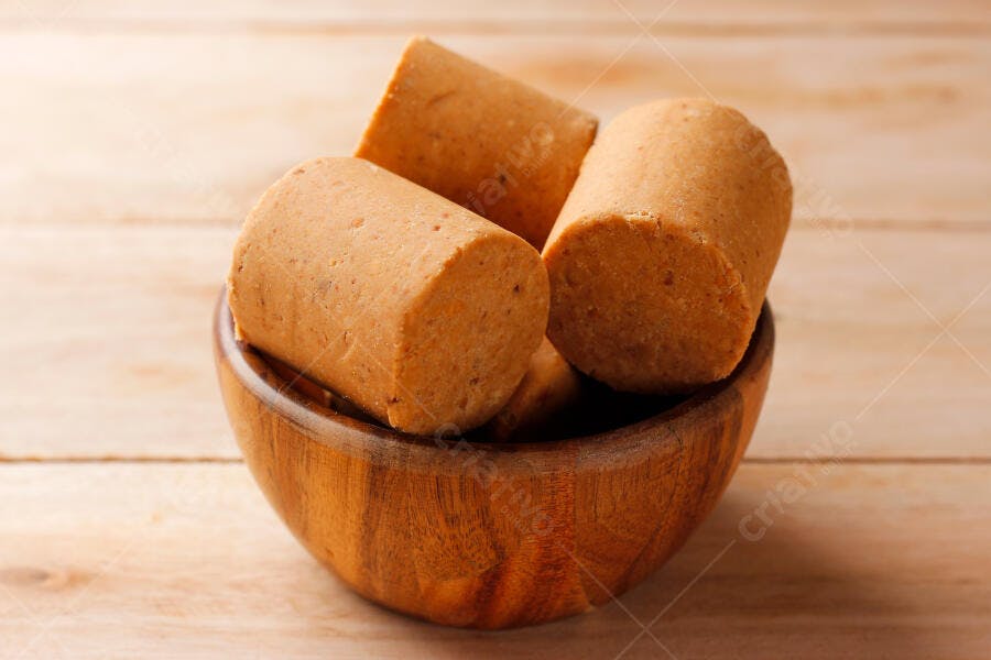 Paçoca doce de amendoim tradicional em tigela rústica de madeira clara
