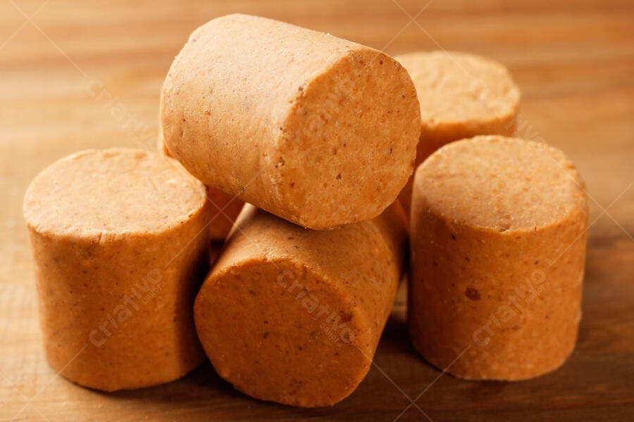 Paçoca doce de amendoim tradicional brasileira em mesa de madeira rústica