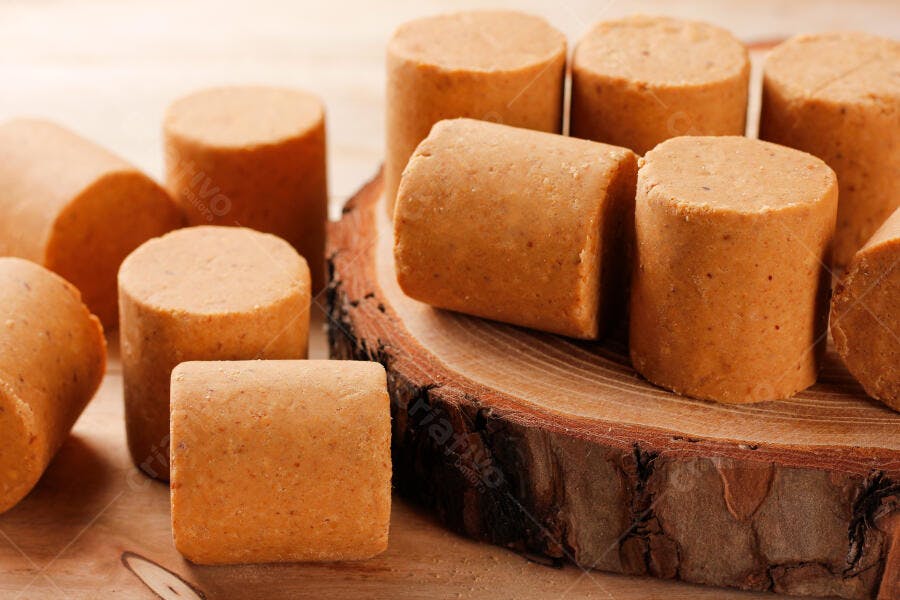 Paçoca de amendoim doce brasileiro em tons de marrom sobre madeira rústica