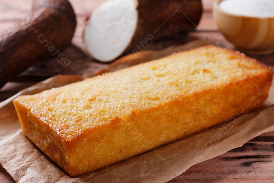 Bolo de mandioca cremoso em papel pardo com açúcar e raízes frescas