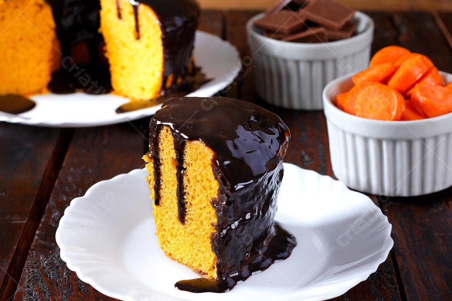 Bolo de cenoura com cobertura de chocolate em mesa de madeira rústica