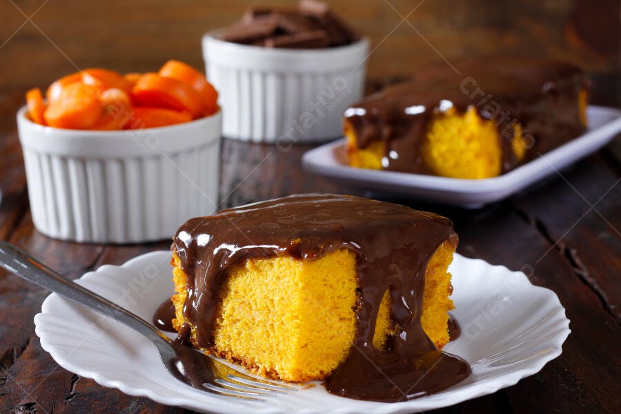 Bolo de cenoura com cobertura de chocolate em fatias sobre mesa rústica de madeira