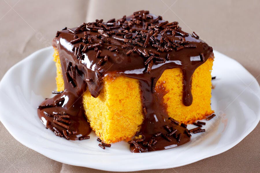 Fatia de bolo de cenoura com cobertura de chocolate escorrendo e granulado em prato branco