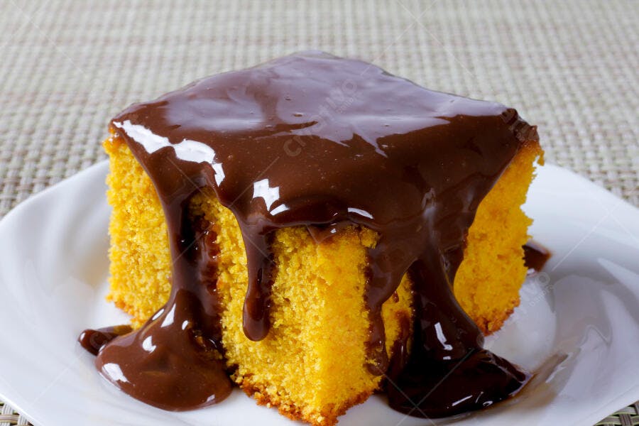 Fatia de bolo de cenoura com calda de chocolate em prato branco