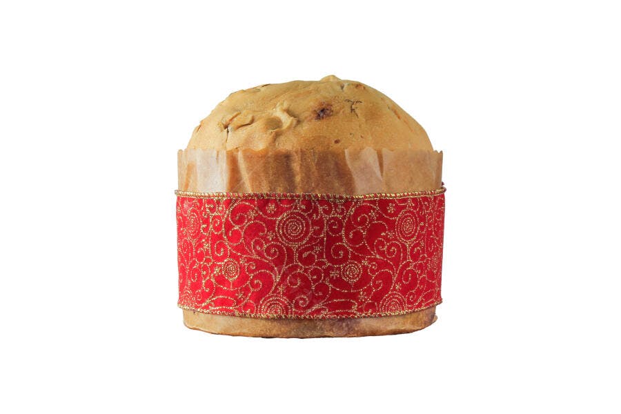 Panettone tradicional com fita vermelha e dourada para Natal e festas de fim de ano