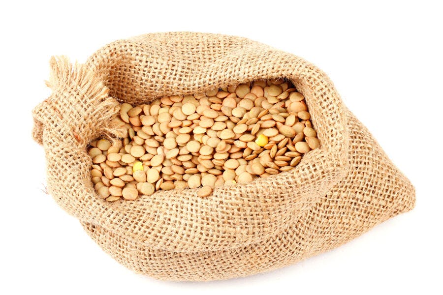 Lentilhas marrons em saco de estopa sobre fundo branco isolado