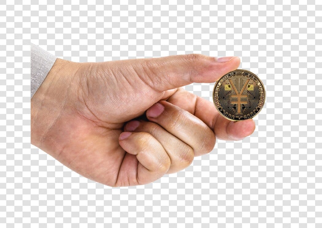 Ícone moeda digital Yuan Yen dourada na mão finanças PNG com fundo transparente