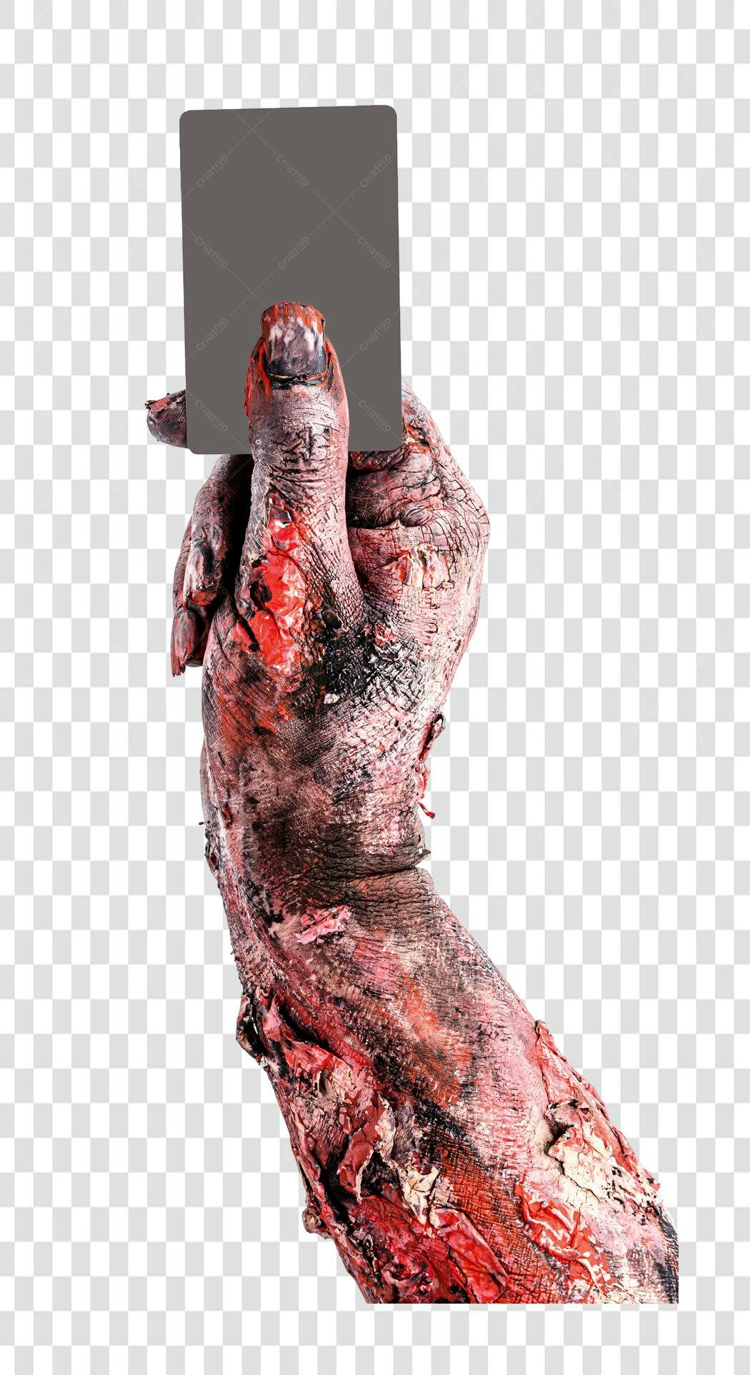 Mão de zumbi segurando cartão para Halloween PNG com fundo transparente