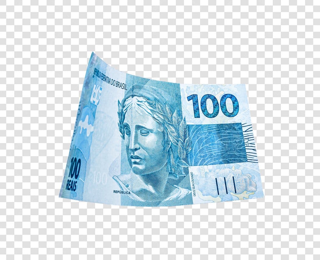 Nota 100 Reais Moeda Brasileira Azul Efígie da República PNG com fundo transparente