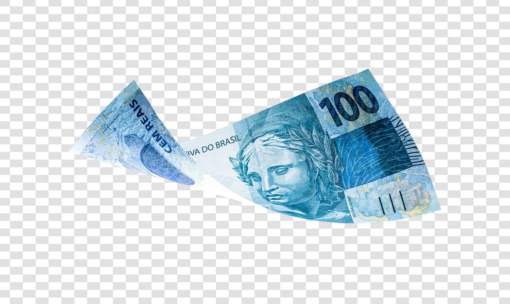Cédula de 100 Reais Brasileira Flutuante Azul PNG com fundo transparente