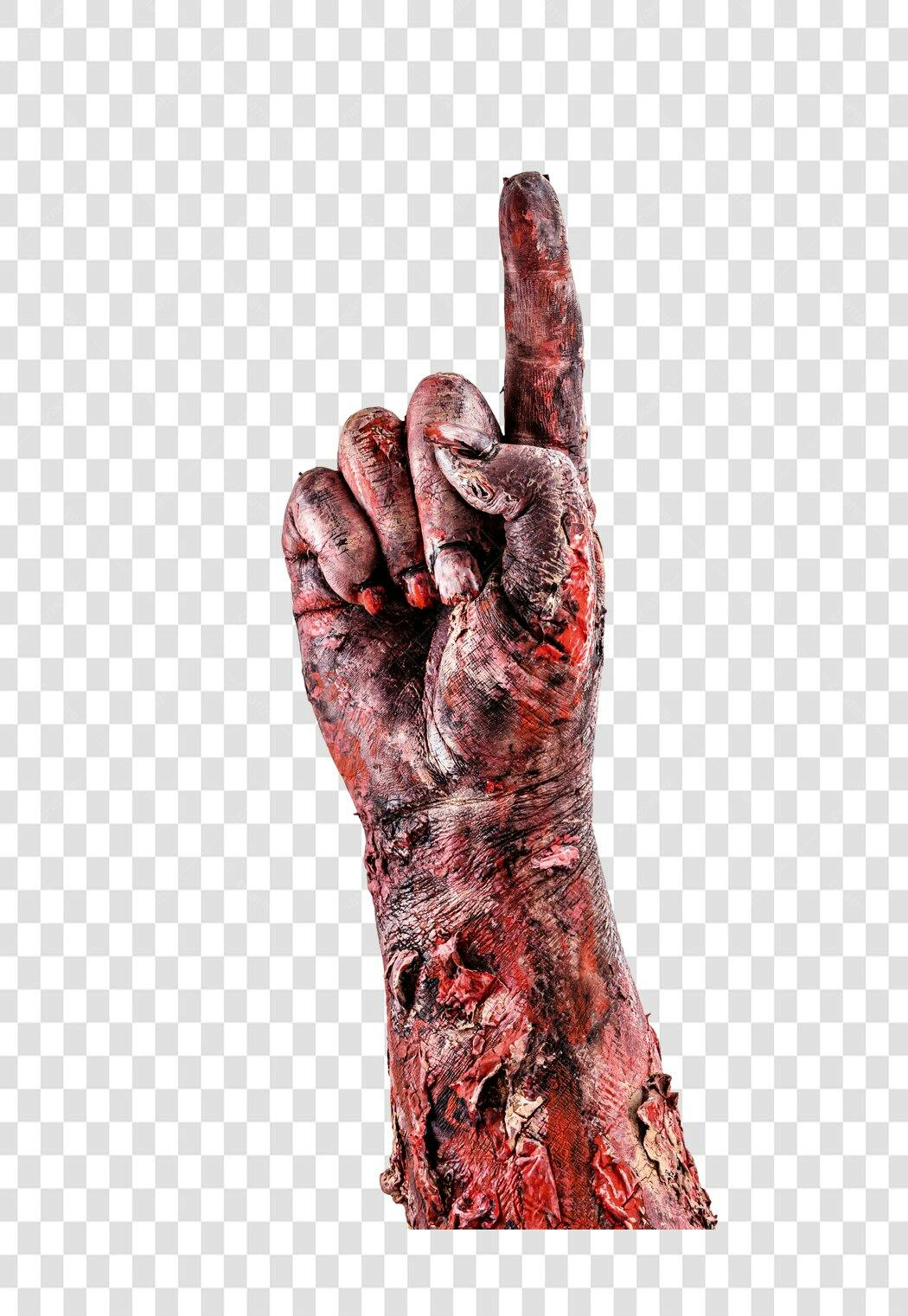 Elemento Gráfico Mão de Zumbi Apontando para Cima Vermelho Marrom Halloween PNG com fundo transparente