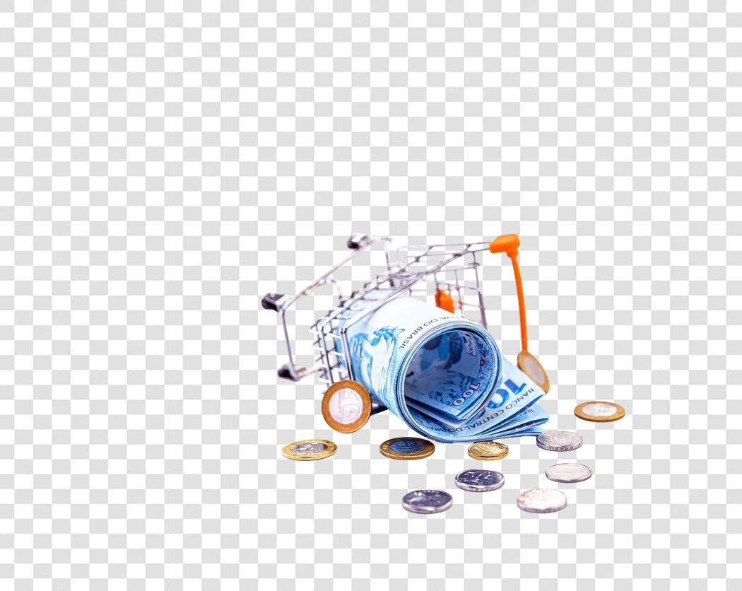 Elemento gráfico Carrinho de Compras com Dinheiro Real Brasileiro PNG com fundo transparente