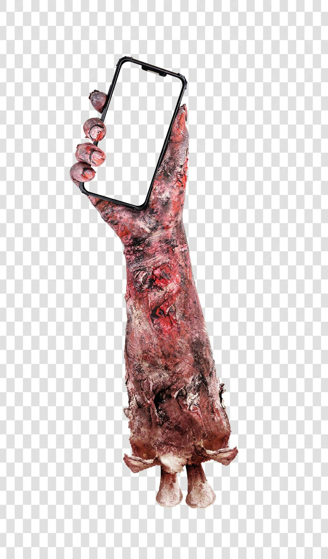 Ilustração Braço Zumbi Vermelho e Marrom com Celular Halloween PNG fundo transparente