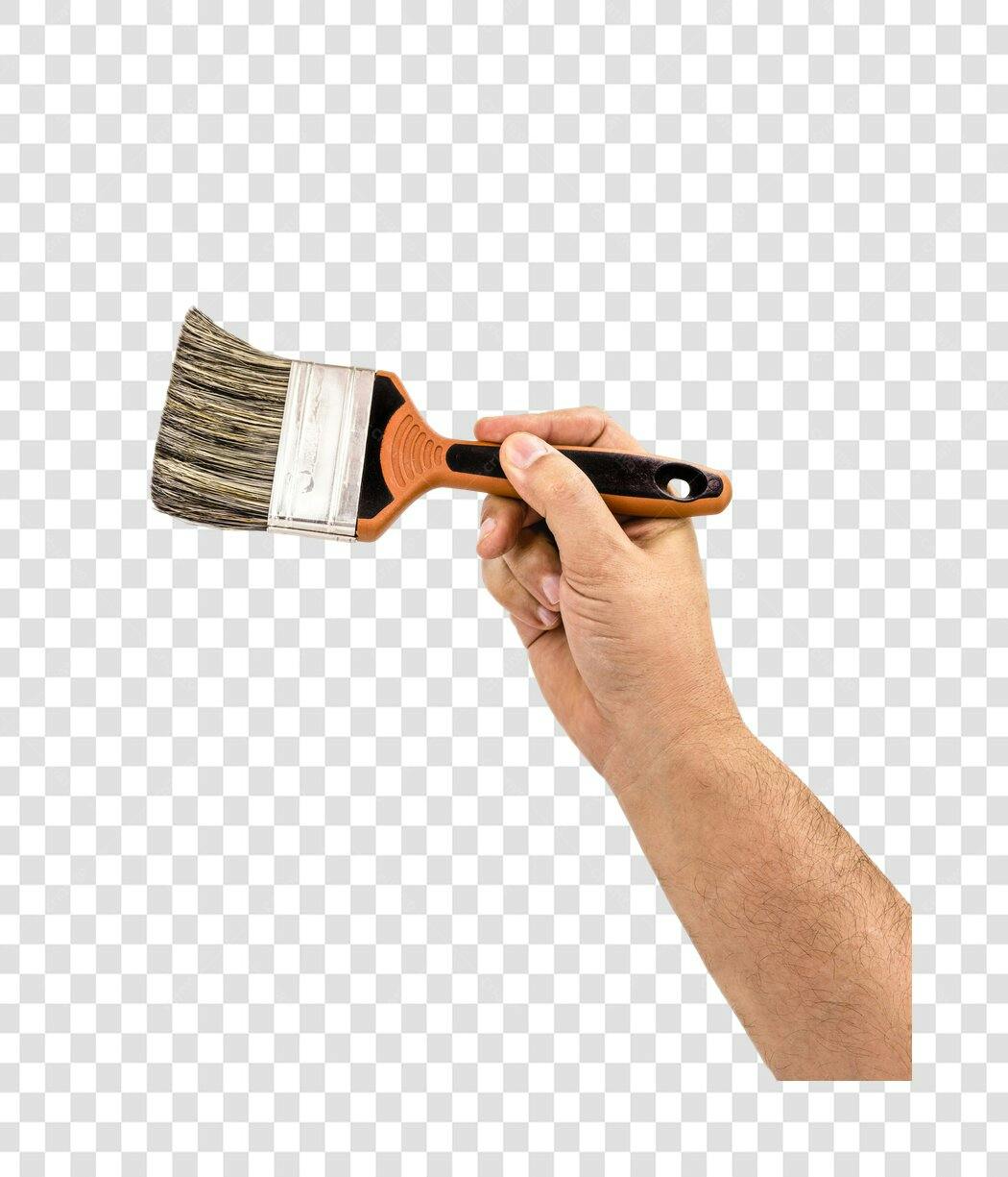 Mão masculina segurando pincel de pintura laranja e preto PNG com fundo transparente