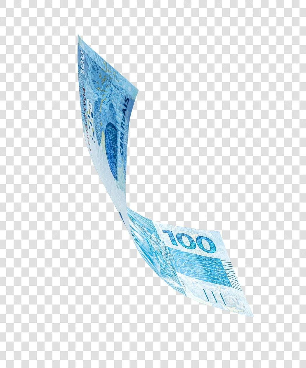 Dinheiro Real Brasileiro 100 Reais flutuante azul PNG com fundo transparente