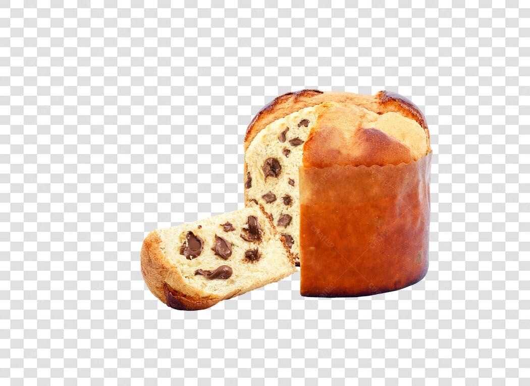 Foto de Panettone de Natal com fatia e gotas de chocolate PNG com fundo transparente