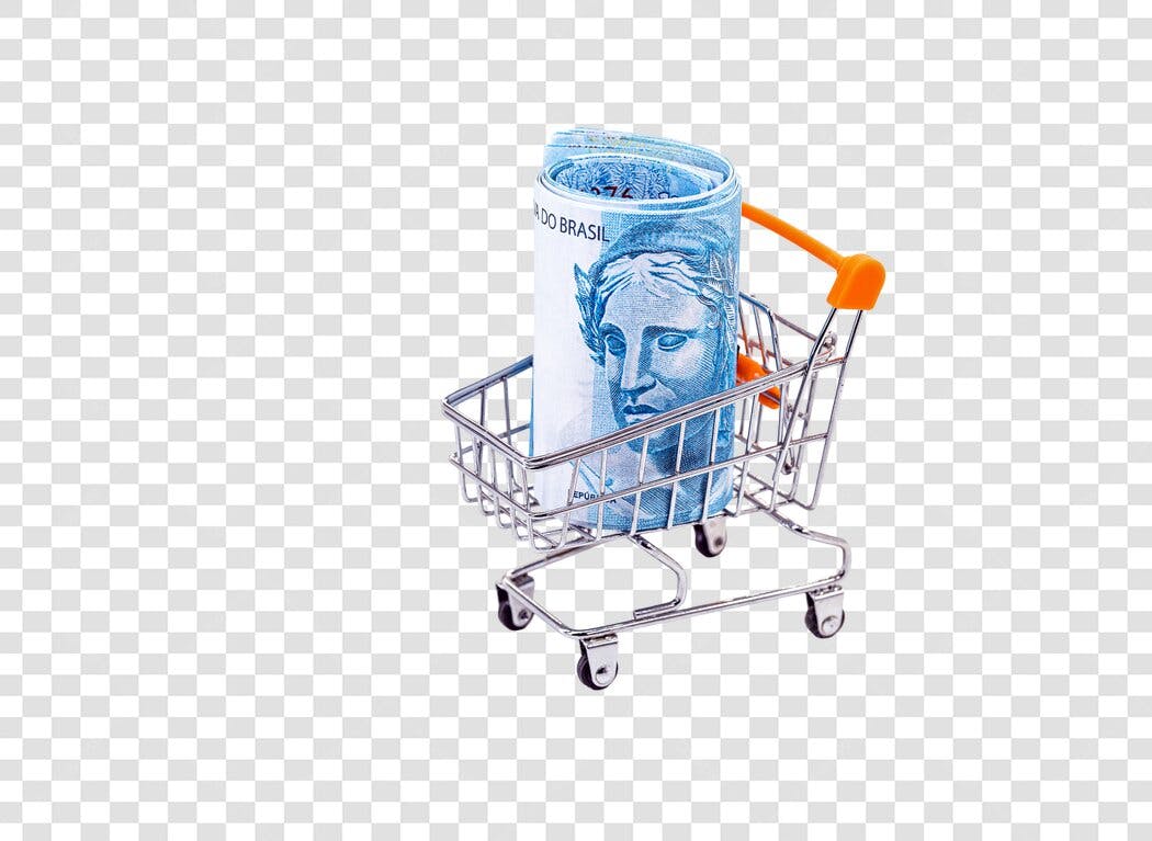 Elemento Gráfico Carrinho de Compras com Notas de Reais Brasileiro PNG com fundo transparente