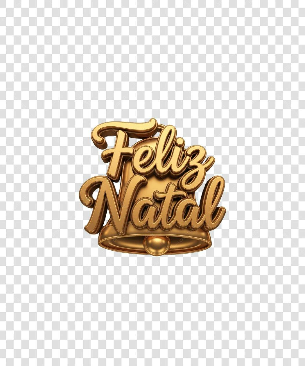 Elemento gráfico Feliz Natal dourado com sino natalino 3D PNG com fundo transparente